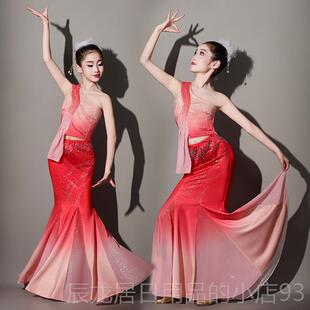 正品傣族舞服女童红色孔雀舞表演裙鱼尾民装族风服饰六一儿蹈童演