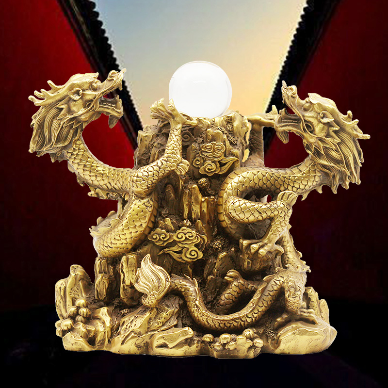 黄铜精品双龙戏珠摆件 二龙戏珠 家居玄关办公室工艺铜龙摆件