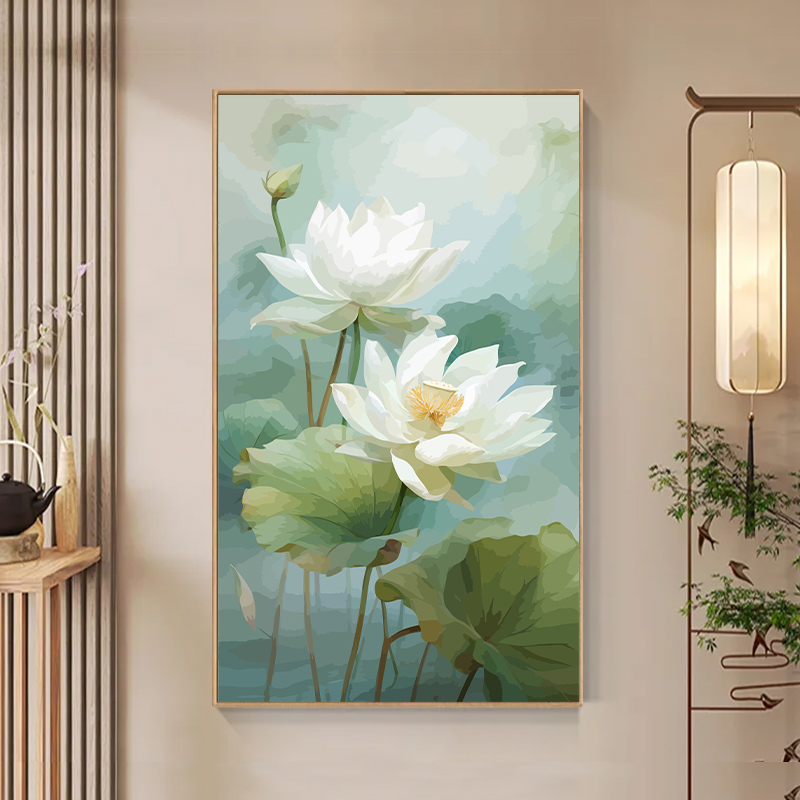 2023新款好运莲莲数字油画diy填充涂色手工绘客厅玄关油彩装饰画