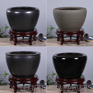 高档景德陶瓷缸养鱼盆大黑色号釉睡莲荷花鱼缸复镇古客厅茶室内外