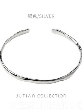 高档JUTIAN冷淡风礼S925纯银手镯女简约不规则凹凸面个金色性银手