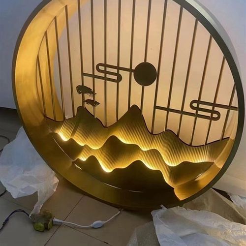 不锈钢圆形镂空假山屏风 墙壁浮雕 迎客松玄关隔断背景墙庭院假山