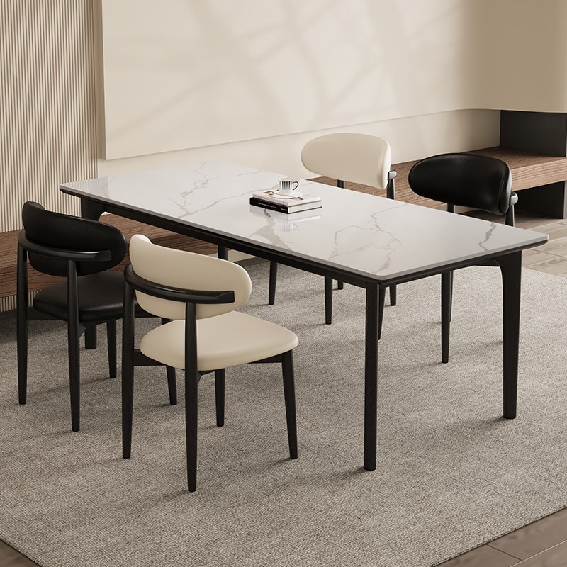 德利丰实木岩板餐桌家用小户型法式奶油中古风高端全托原木饭桌子