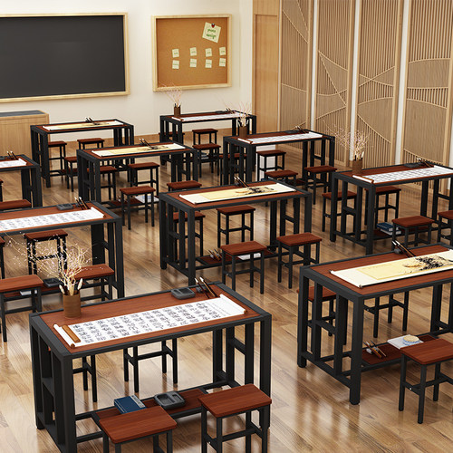 辅导班课桌椅套装培训学习桌中学生钢木桌铁艺棋盘桌绘画桌书法桌