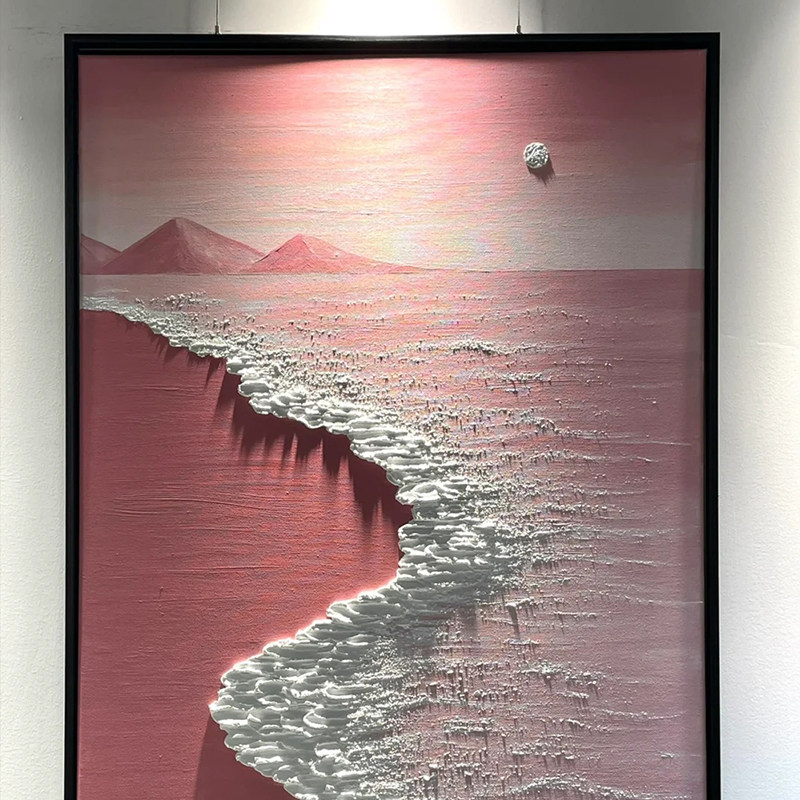 丙烯立体肌理画数字油画石英砂手工郁金香手绘装饰画粉色沙滩海洋