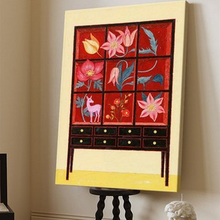 中古风抽象柜子摆件装饰画客厅玄关花卉小鹿肌理手绘油画植物挂画