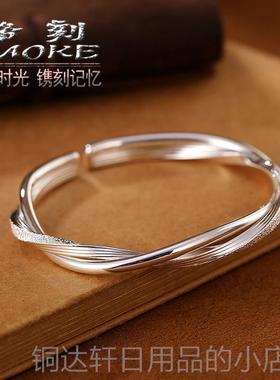 高档烙刻简约手工银饰绞丝复古麻999手镯女个时尚性开口花纯银镯