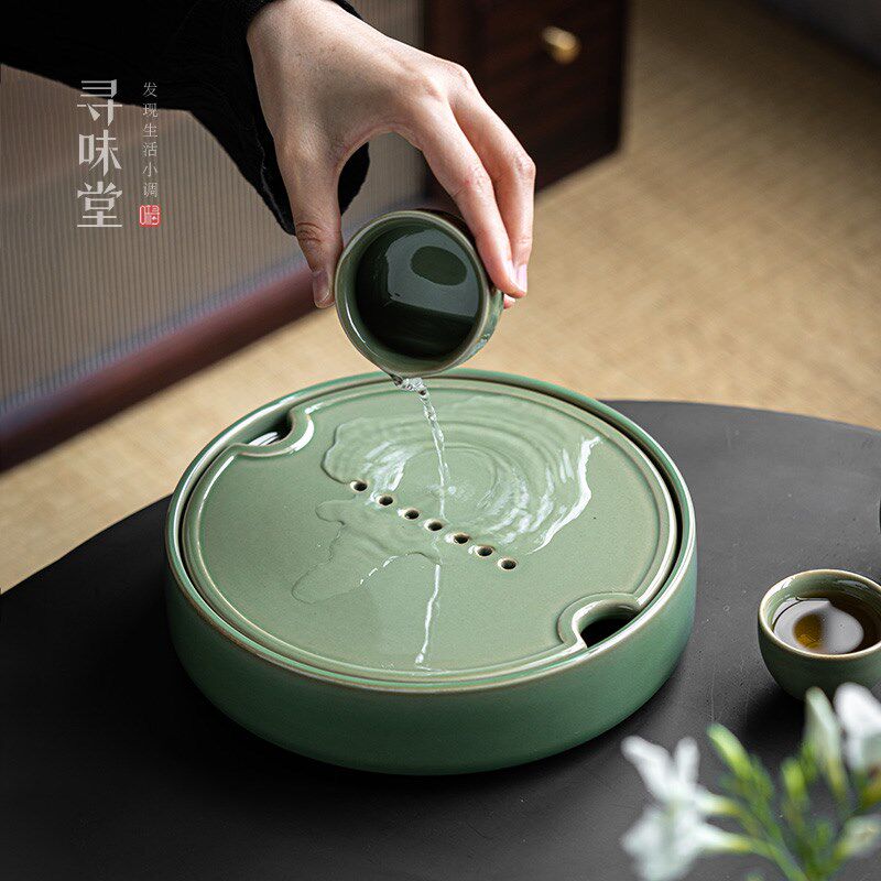 竹青釉陶瓷蓄水圆盘复古风圆形储水式茶盘中式青瓷家用功夫茶具