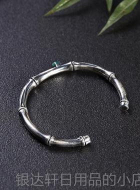 高档银手女镯古复中国风做旧心知足常乐平安竹999纯银情实侣手镯