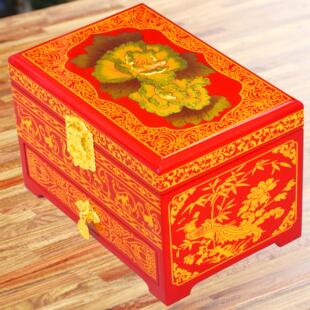 高档陪嫁漆器平遥首饰盒订金娘婚结婚礼盒三金嫁妆盒木彩礼盒新中