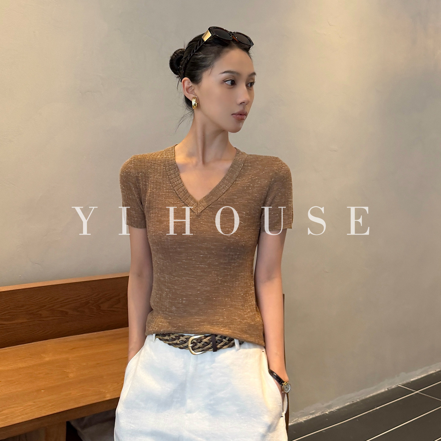 Yihouse夏季V领修身短袖T恤女