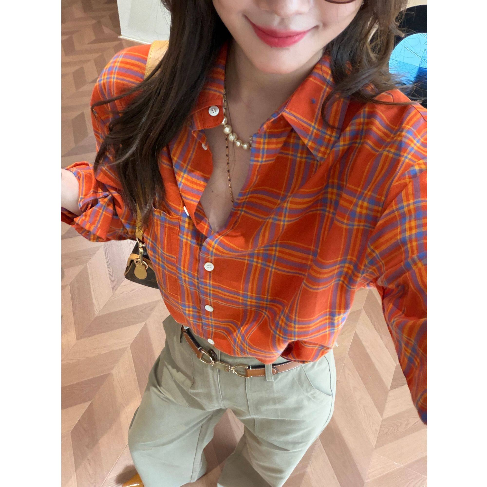YIHOUSE美式高级橘色格纹外套女