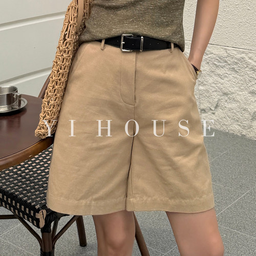 Yihouse老钱风亚麻高腰阔腿女裤