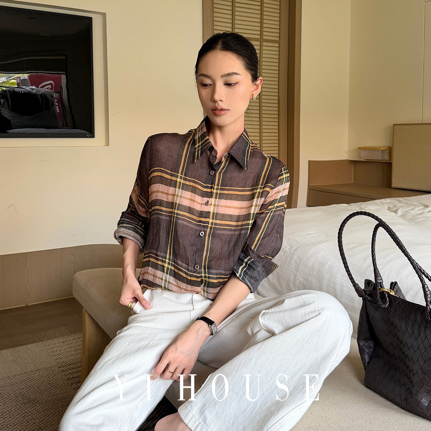 YIHOUSE复古格子显瘦衬衫开衫