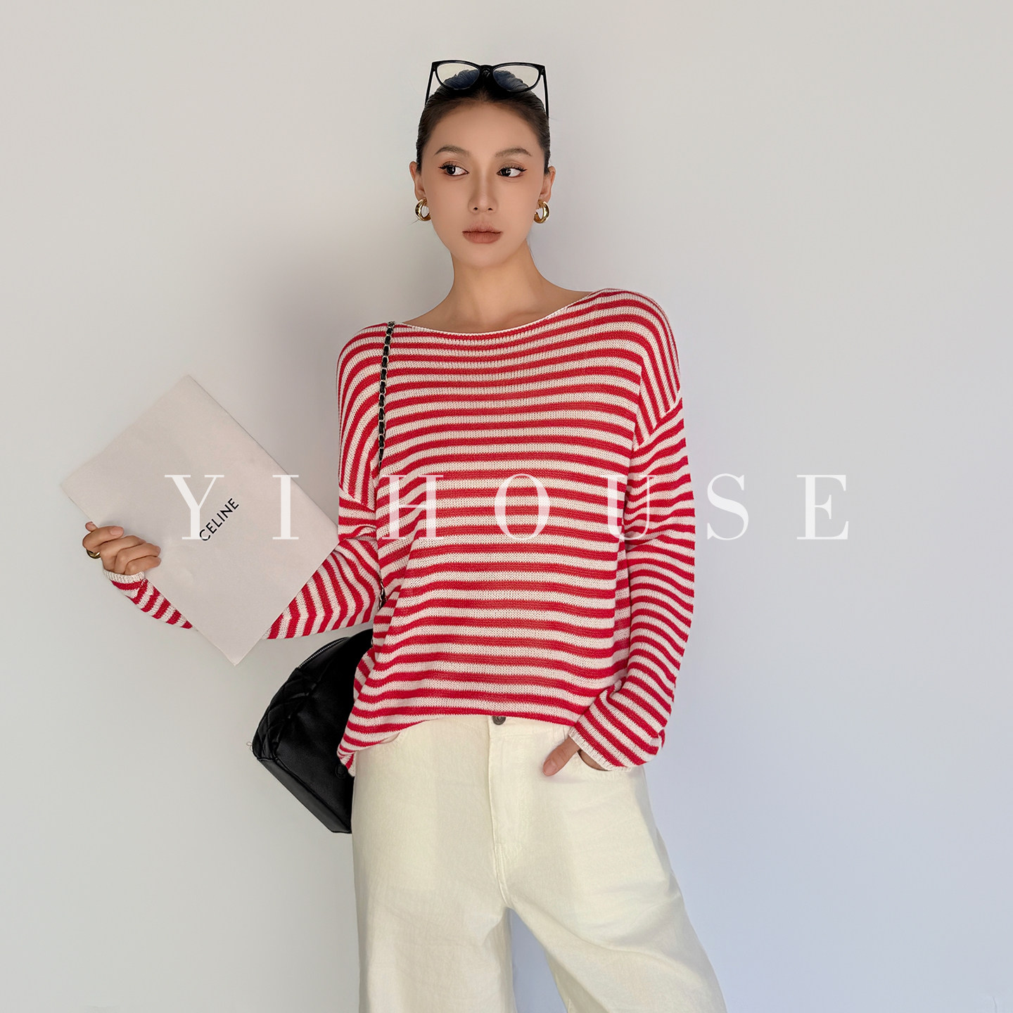 Yihouse一字领条纹防晒T恤女
