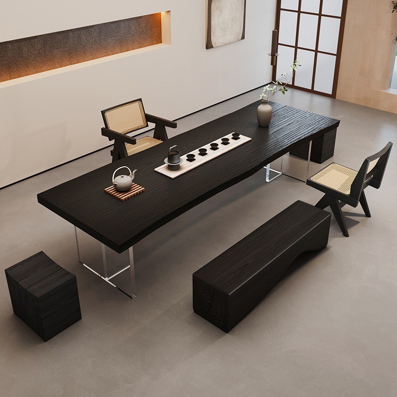 侘寂风实木大板桌椅简约卧室民宿茶几复古碳化黑茶桌椅组合泡茶台