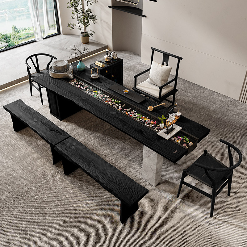 侘寂风碳炭化黑流水茶桌椅组合景观一体实木茶台河白蜡木流水景桌,住宅家具,家用茶台/茶桌,淘宝优惠券,粉丝福利购,淘宝优惠卷