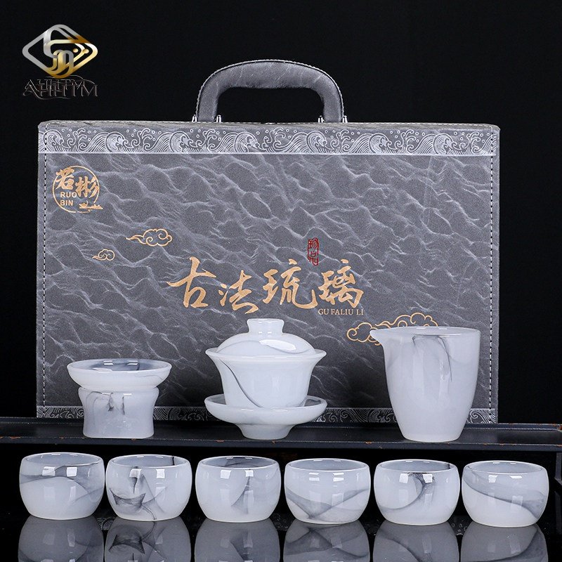 白玉琉璃水墨风陶瓷功夫茶具套装家用茶壶盖碗茶杯精品高档礼盒装,餐饮具,功夫茶具,淘宝优惠券,粉丝福利购,淘宝优惠卷
