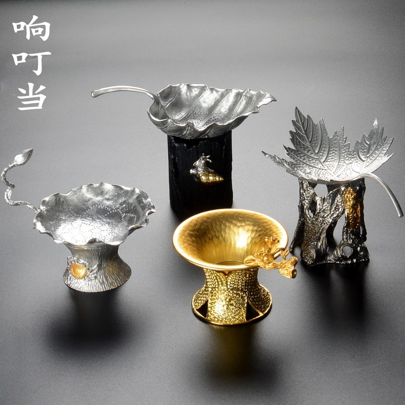 纯锡茶漏器茶滤创意功夫茶具滤茶器过滤网手工树叶托架茶漏套装