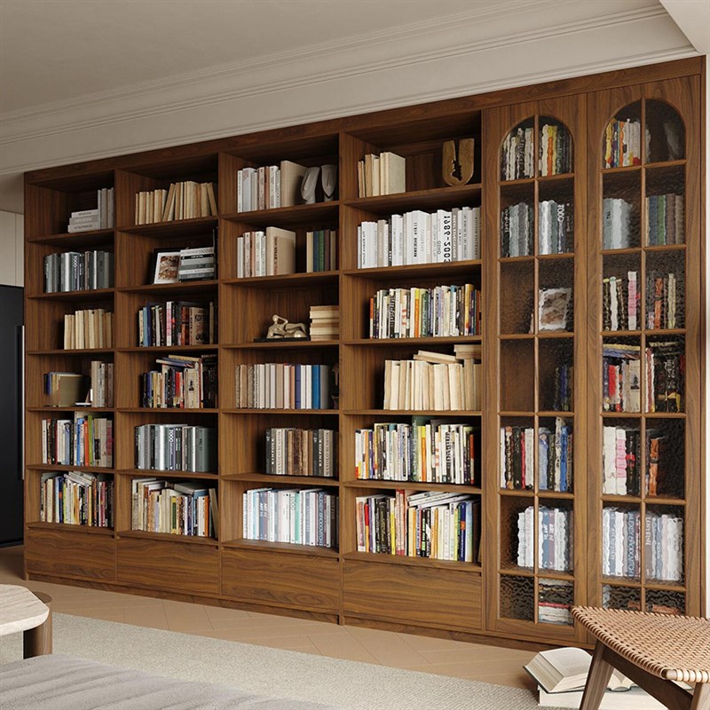 原木黑胡桃木客厅展示架全实木书架满墙书架定制订制书柜一体到顶