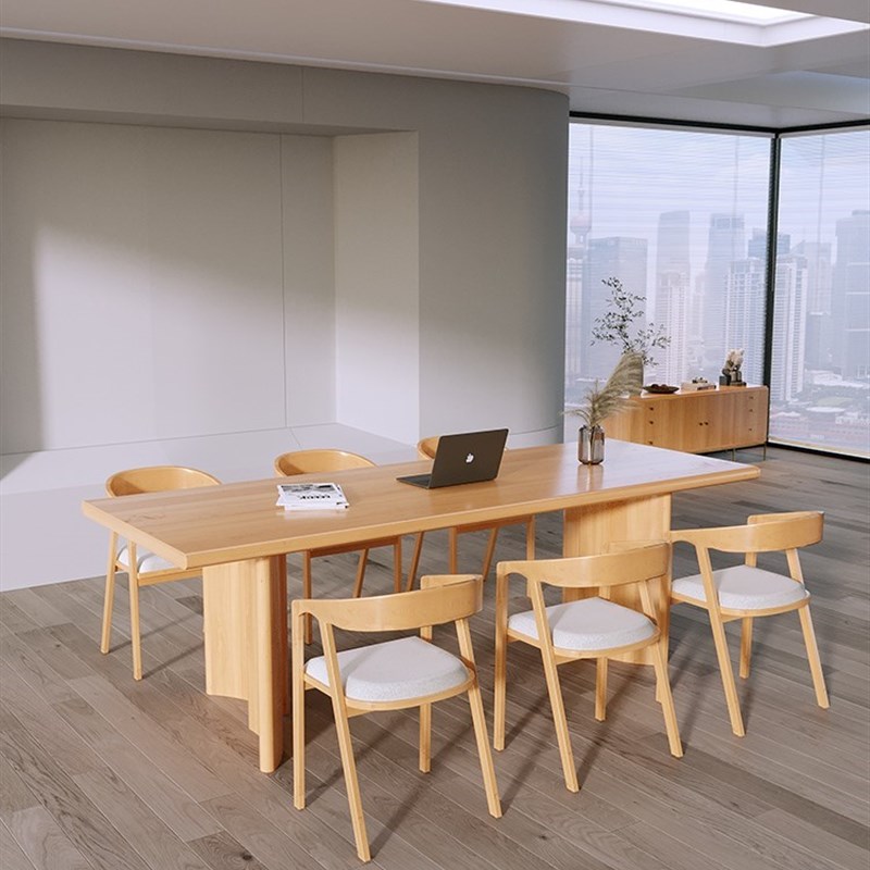 现代大型实木会议椅组合原木餐桌简约条形办公洽谈工作台培训长桌