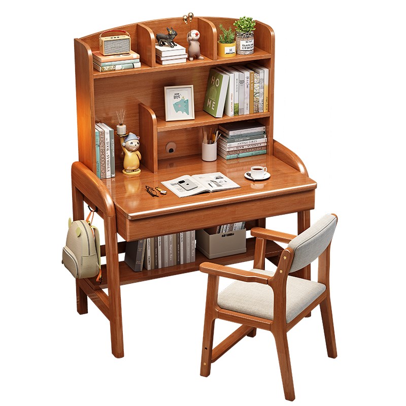 实木书桌书架一体家用小户型简约儿童学习写字桌子卧室办公电脑桌