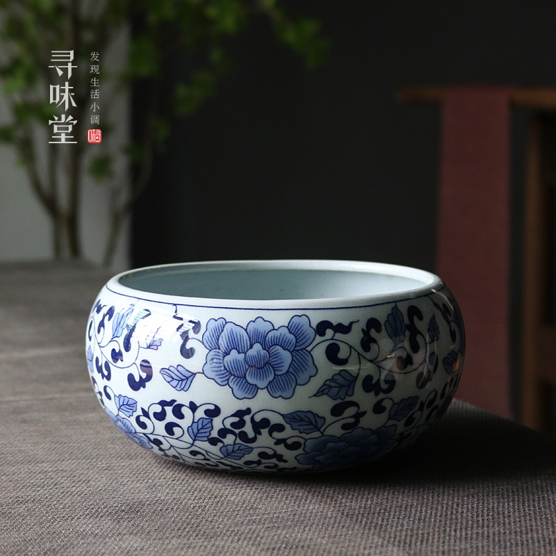 青花禅莲茶洗复古陶瓷杯洗建水青花陶笔洗茶渣水盂家用功夫茶具