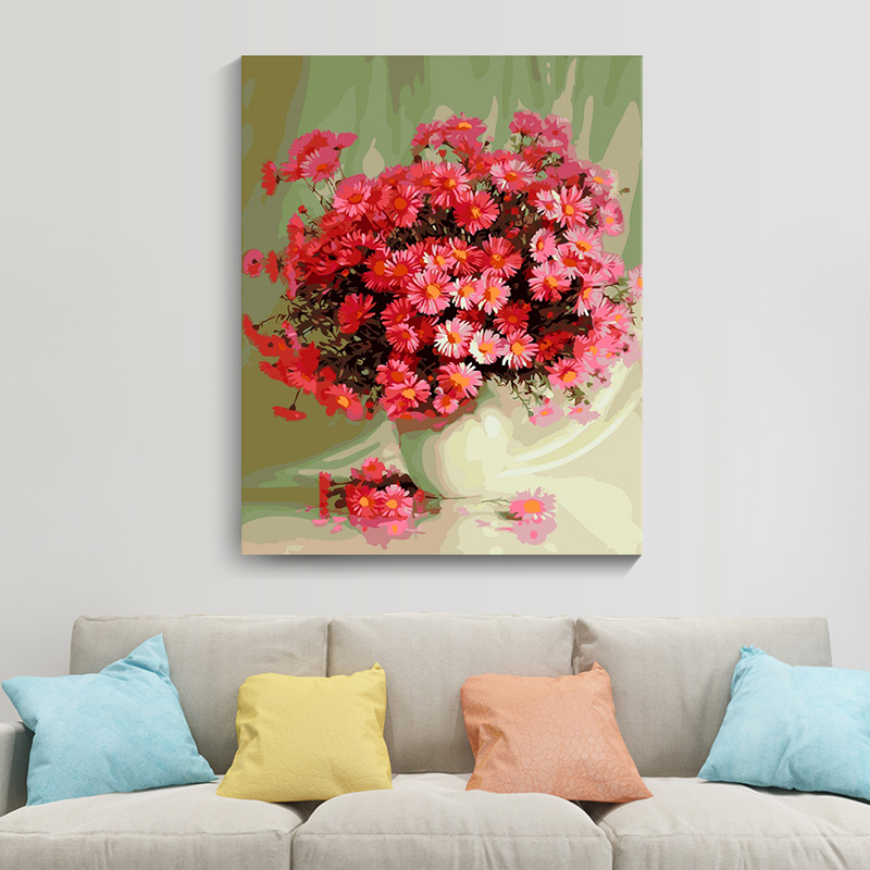 icision数字油画diy手工填充客厅装饰画数码手绘油彩画红色雏菊花