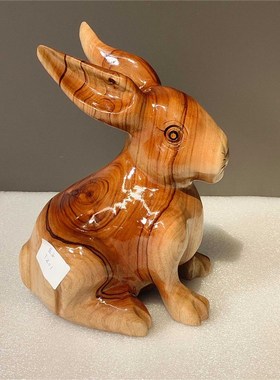 香樟木雕兔子摆件实木质动物雕刻生肖兔家居客厅装饰品红木工艺品