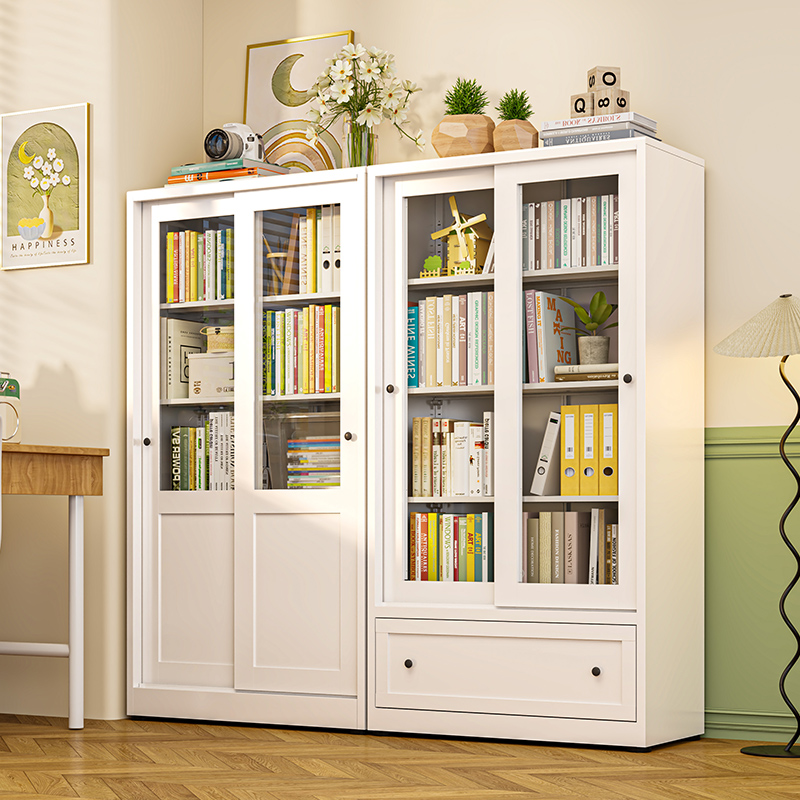 钢制书架推拉门防尘玻璃书柜储物柜一体靠墙家用儿童铁艺收纳柜子