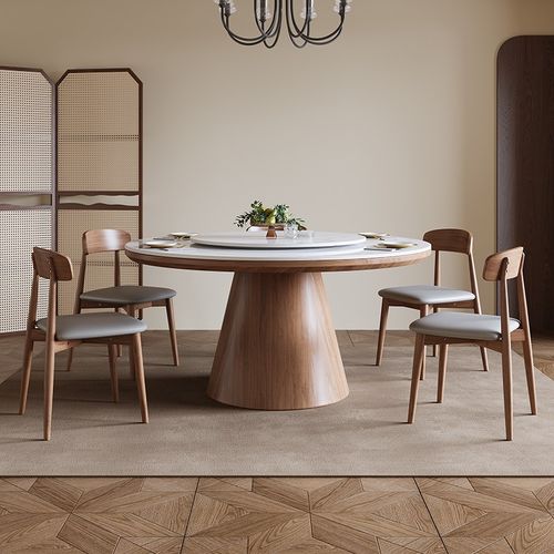 实木岩板餐桌椅组合现代简约高端小户型圆形家用圆桌带转盘饭桌