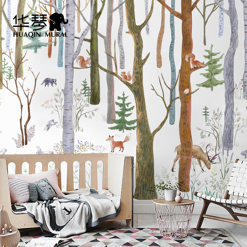 卡通森林动物男孩女孩儿童房卧室墙纸壁纸环保无缝墙布壁布壁画