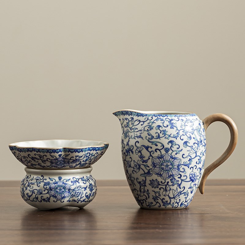 汝窑缠枝莲公道杯三件套茶漏茶滤分茶器茶滤网一体陶瓷茶海匀杯
