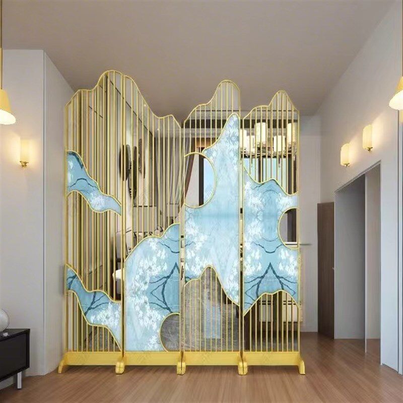 不锈钢屏风 拉丝钛金中式水晶玻璃隔断酒店金属304鱼鳞镂空背景墙