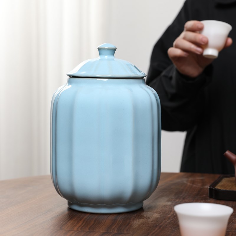 汝窑纯色陶瓷罐茶缸小号茶叶罐家用防潮罐双罐礼盒装中式普洱茶仓