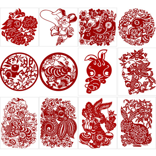 兔年剪纸图样12张手工刻纸图案底稿春节窗花图样A4/A3实物打印稿