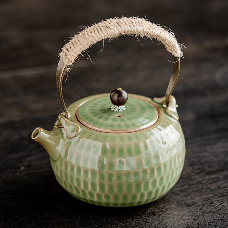 青瓷锤纹提梁壶复古风泡茶壶煮茶壶陶瓷家用功夫茶具竹绿釉单壶