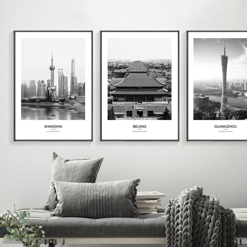 城市地标装饰画客厅沙发背景墙卧室壁画黑白风景上海广州北京挂画