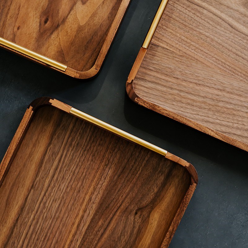 黑胡桃托盘长方形木质金属把手家用实木边框水果盘中式杯子茶具盘