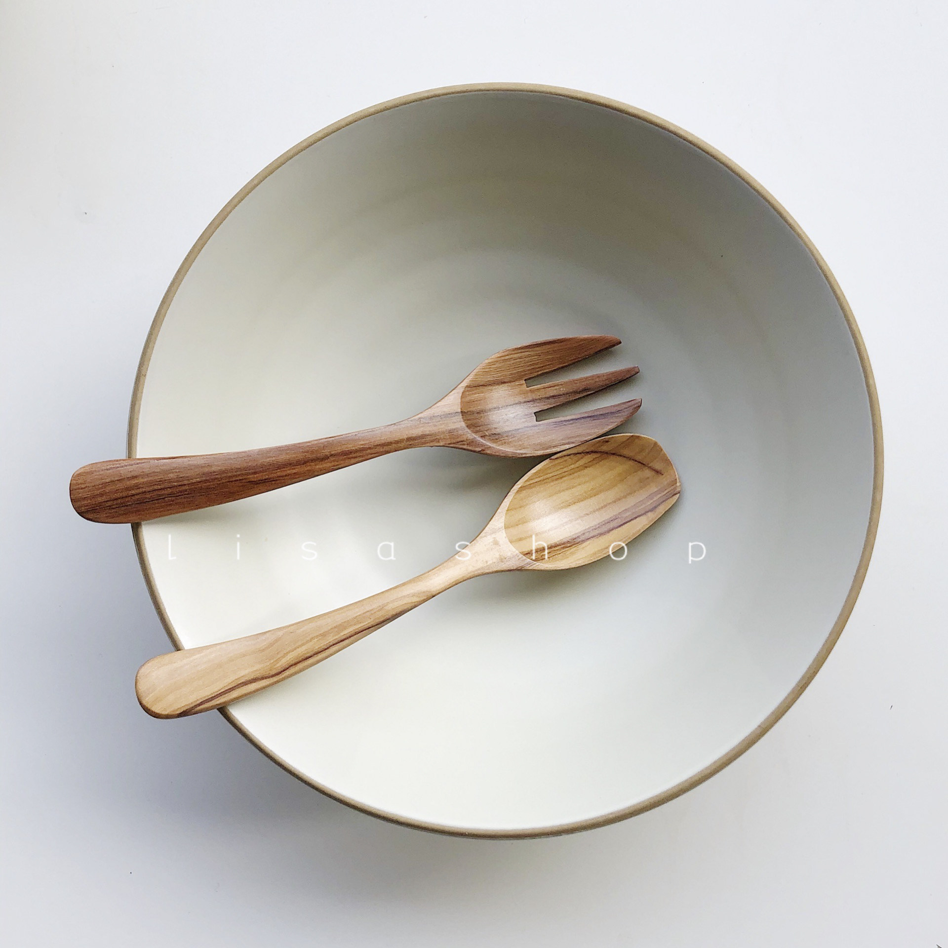 LS 意大利橄榄木弯柄勺家用汤勺饭勺叉勺套组