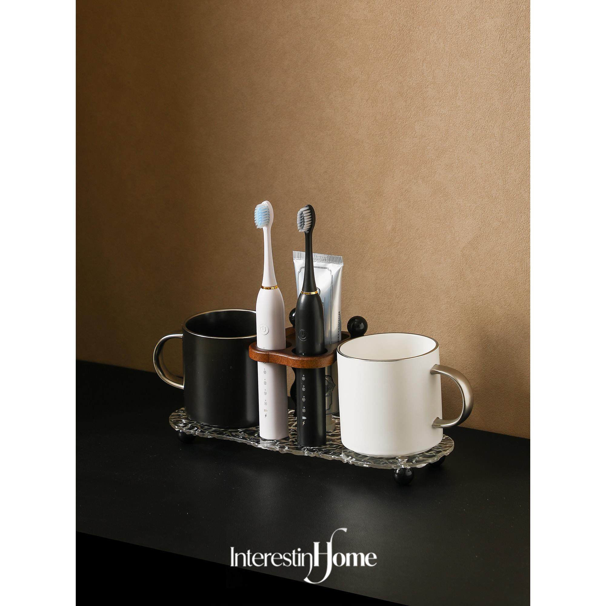 有趣的家 中古风电动牙刷架台面牙膏牙刷置物架高级感漱口杯套装