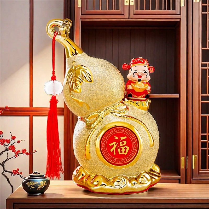 沙金陶瓷葫芦摆件招财家居客厅酒柜电视柜装饰品乔迁新房新年摆设