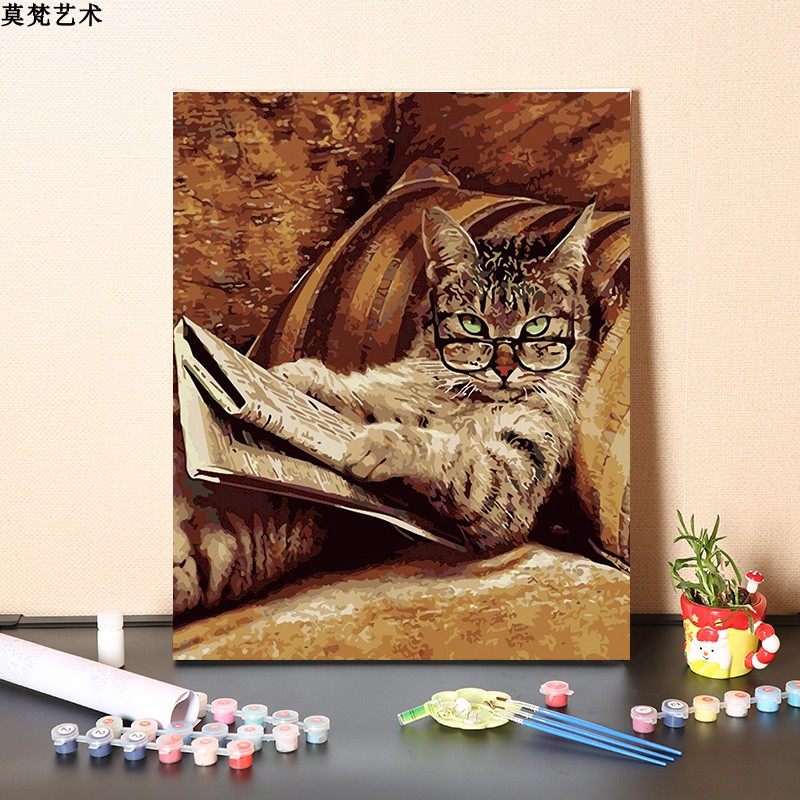 数字油画diy手工填充戴眼镜看书的猫咪减压手绘涂色丙烯油彩画画