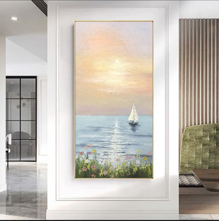 现代简约入户玄关装饰画过道走廊尽头挂画海景日出花卉手绘油画
