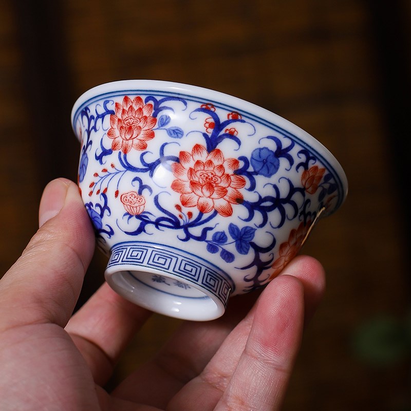 青花瓷品茗杯单杯功夫茶杯单个陶瓷釉下彩茶盏小茶碗压手主人杯瓷