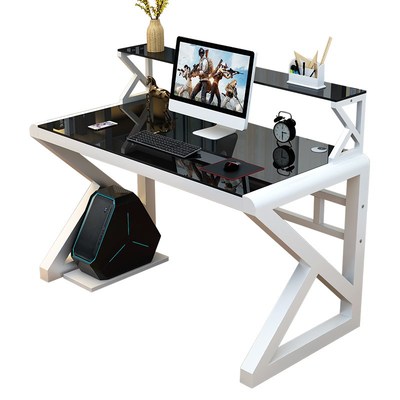 电脑台式桌带键盘托可放主机时尚书架一体桌电竞技桌钢化玻璃家用