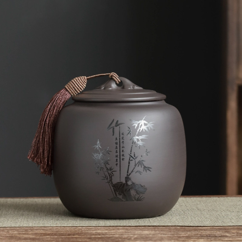 紫砂茶叶罐密封罐存储普洱茶罐家用 防潮雕刻中式陶瓷罐透气空罐