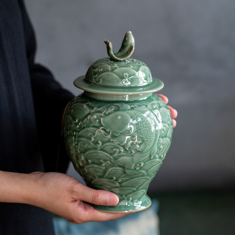 越窑青瓷茶叶罐密封罐储茶罐家用储存罐浮雕麒麟茶罐手工大号罐子