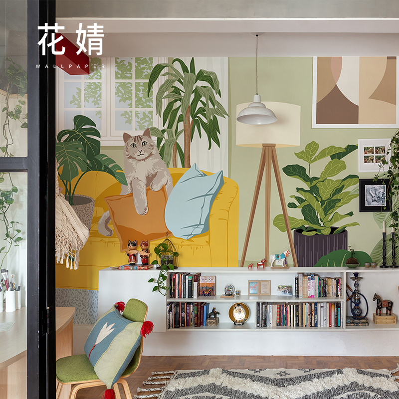 手绘猫咪植物墙布现代创意客厅背景墙艺术壁纸卧室儿童房定制壁布