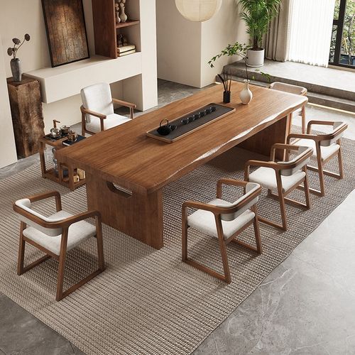 侘寂实木大板茶桌家用茶台泡茶桌椅组合原木一桌五椅现代简约客厅